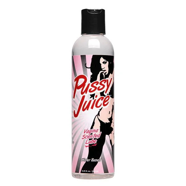 Pussy Juice Vagina Scented Lubricant, 244 ml clear bottle with black cap and pink pin-up label