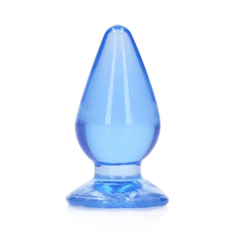 REALROCK 11.5 cm Anal Plug in Blue, translucent tapered plug upright on its flared base