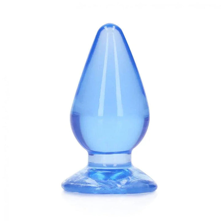 REALROCK 11.5 cm Anal Plug in Blue, translucent tapered plug upright on its flared base