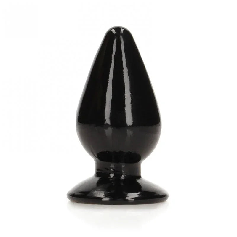 REALROCK 11.5 cm Anal Plug in Black, glossy tapered plug upright on its flared base
