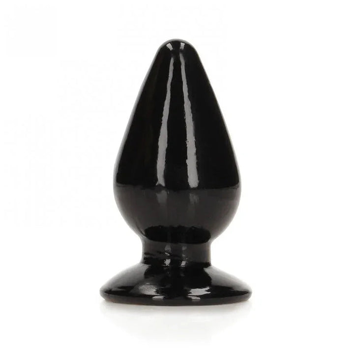 REALROCK 11.5 cm Anal Plug in Black, glossy tapered plug upright on its flared base