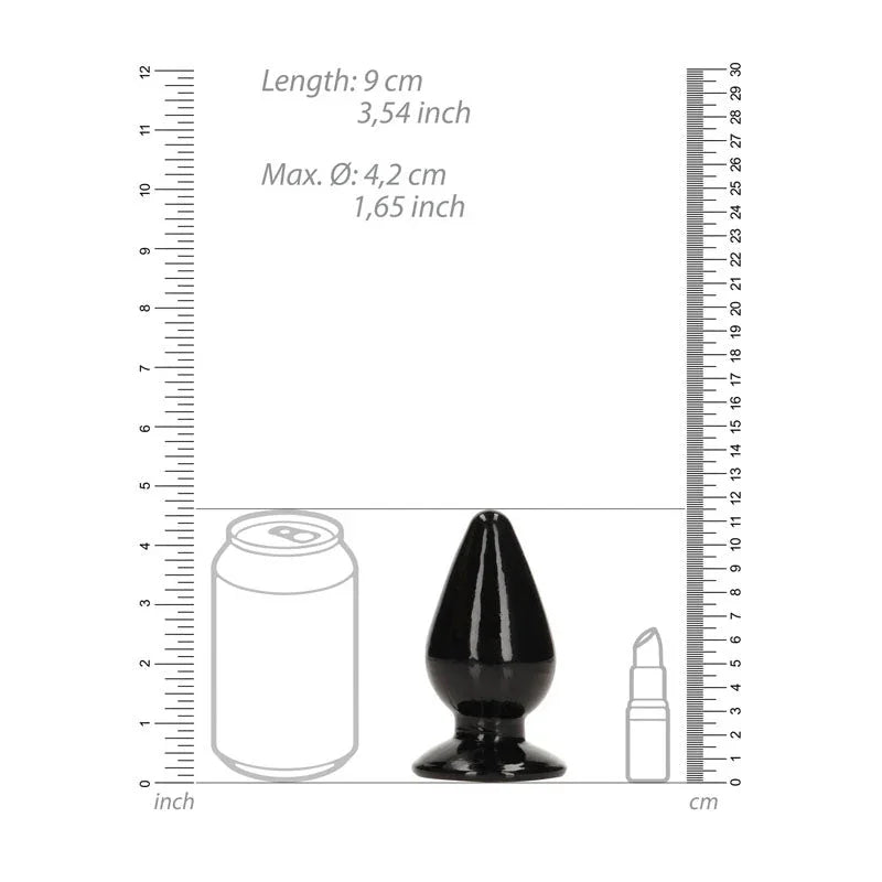 REALROCK 11.5 cm Anal Plug in Black, scale diagram beside a drink can and lipstick