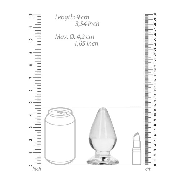 REALROCK 11.5 cm Anal Plug in Clear, scale diagram beside a drink can and lipstick