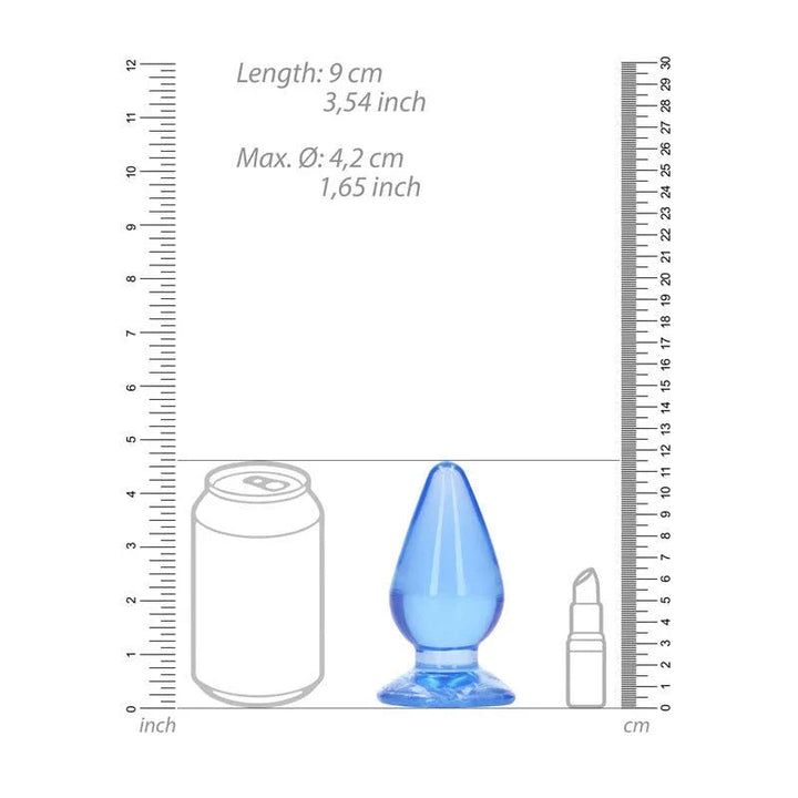 REALROCK 11.5 cm Anal Plug in Blue, scale diagram beside a drink can and lipstick