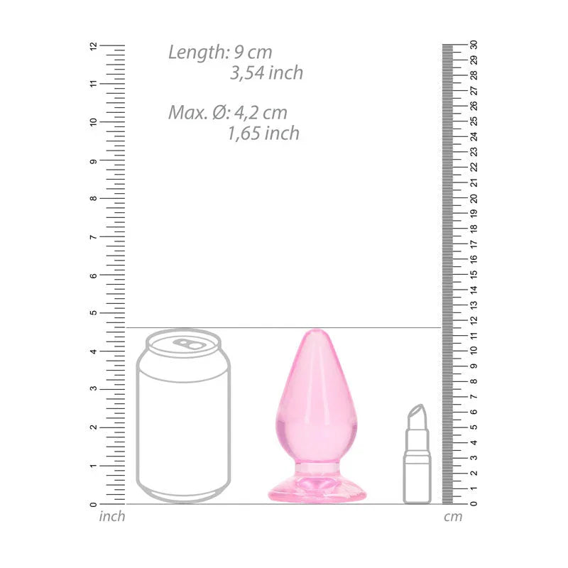 REALROCK 11.5 cm Anal Plug in Pink, scale diagram beside a drink can and lipstick