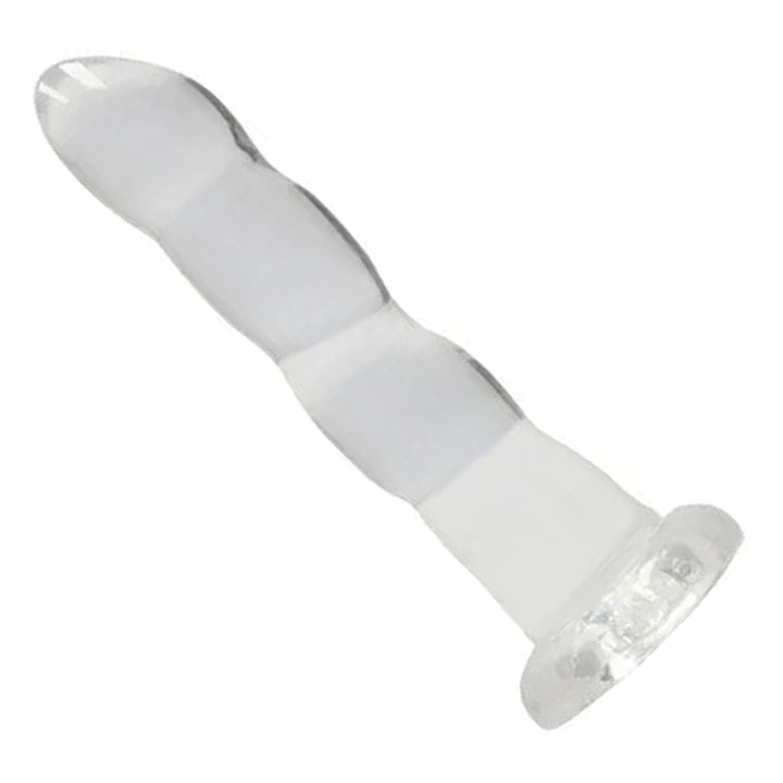 REALROCK 18 cm Non-Realistic Ribbed Dildo in Clear – full length with suction base on white