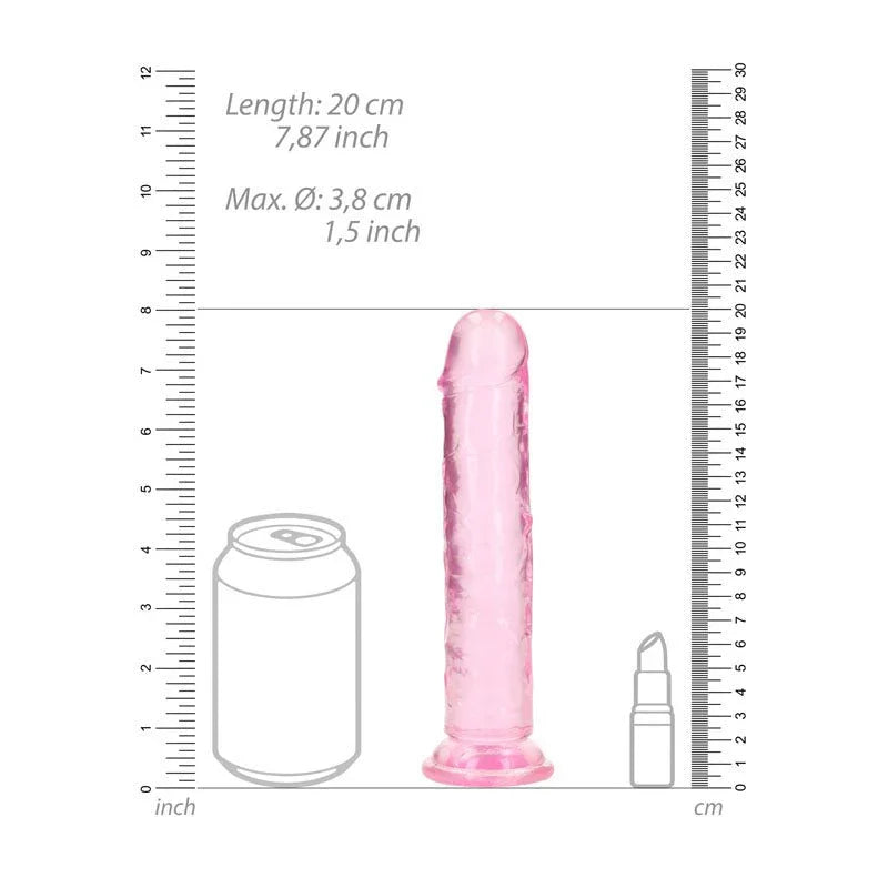 REALROCK 18 cm Straight Dildo in Pink, scale diagram beside a drink can and lipstick