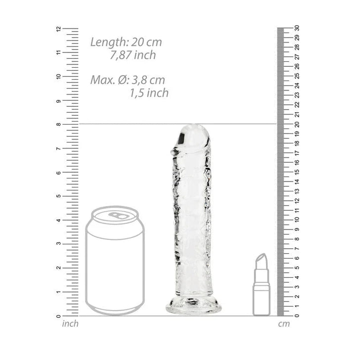 REALROCK 18 cm Straight Dildo in Clear, scale diagram beside a drink can and lipstick