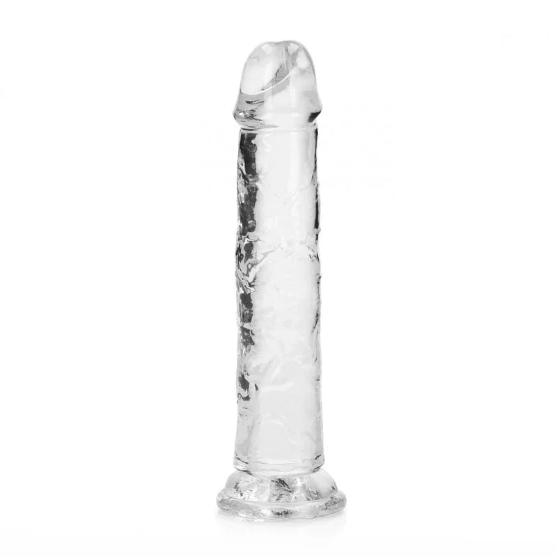 REALROCK 18 cm Straight Dildo in Clear, standing upright, seen straight on against white