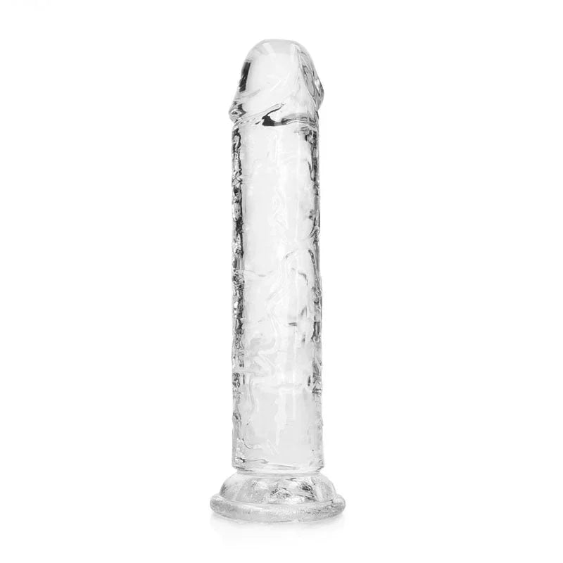 REALROCK 18 cm Straight Dildo in Clear, standing upright, rotated to show the veined shaft