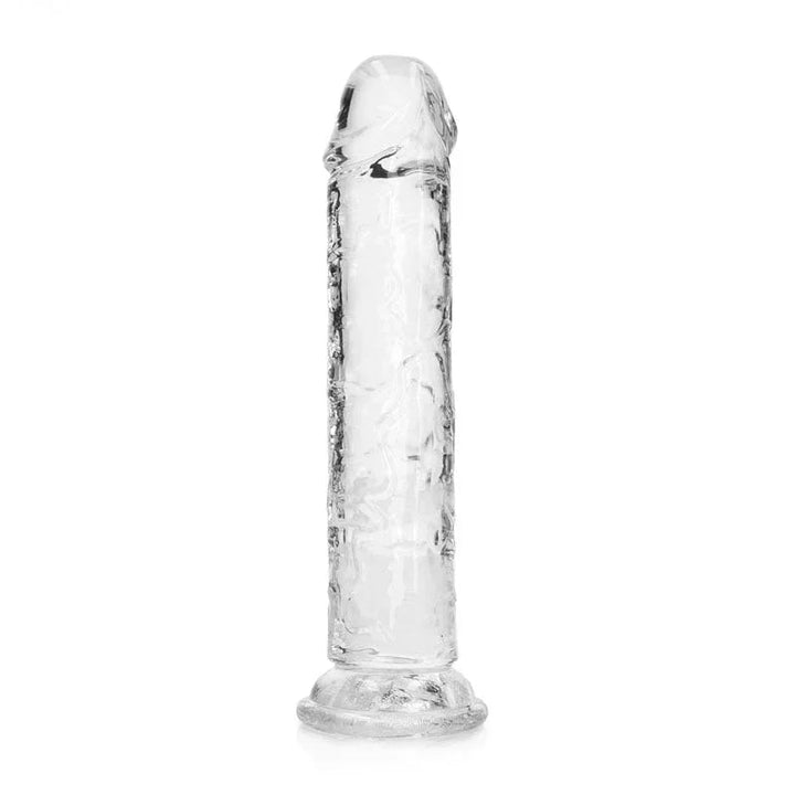 REALROCK 18 cm Straight Dildo in Clear, standing upright, rotated to show the veined shaft