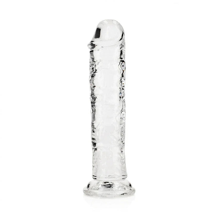 REALROCK 18 cm Straight Dildo in Clear, colourless dildo standing upright on its suction base