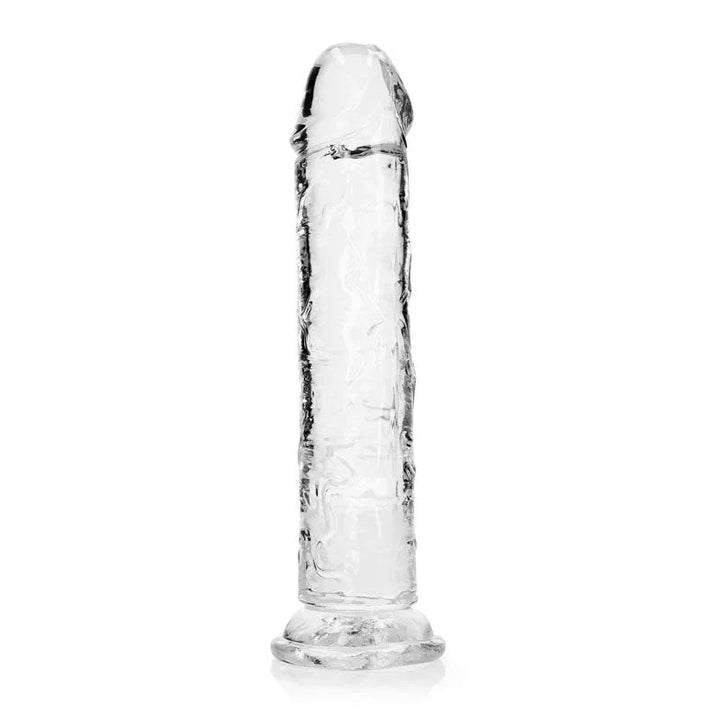 REALROCK 25 cm Straight Dildo in Clear, standing upright, rotated to show the veined shaft