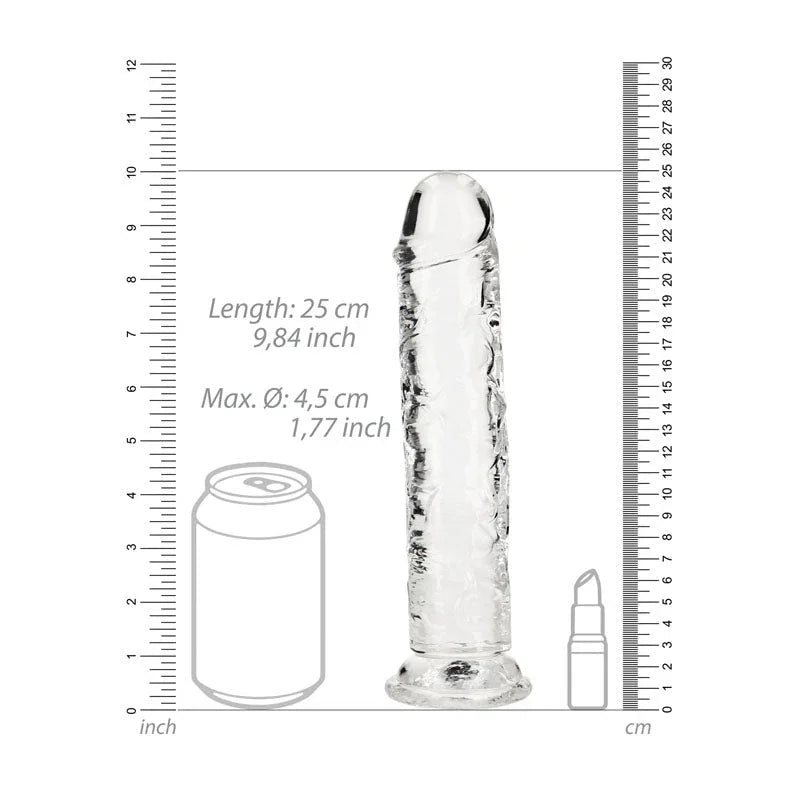 REALROCK 25 cm Straight Dildo in Clear, scale diagram beside a drink can and lipstick