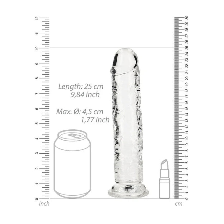 REALROCK 25 cm Straight Dildo in Clear, scale diagram beside a drink can and lipstick