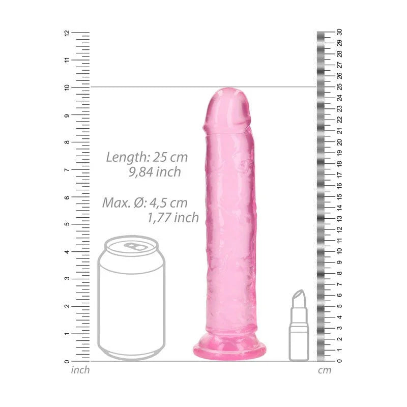 REALROCK 25 cm Straight Dildo in Pink, scale diagram beside a drink can and lipstick