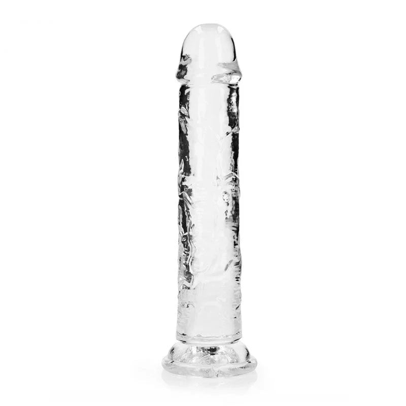 REALROCK 25 cm Straight Dildo in Clear, standing upright, seen straight on against white