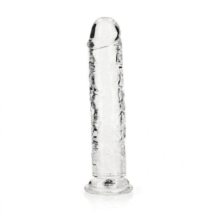 REALROCK 25 cm Straight Dildo in Clear, colourless dildo standing upright on its suction base