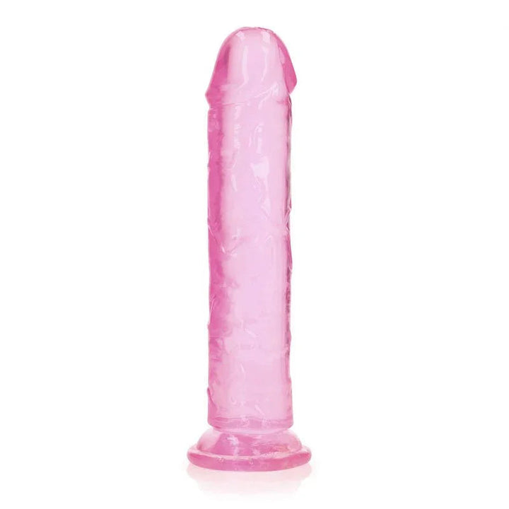 REALROCK 25 cm Straight Dildo in Pink, standing upright, rotated to show the veined shaft