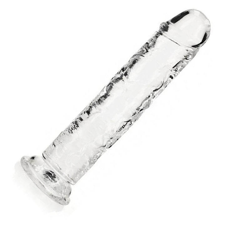 REALROCK 25 cm Straight Dildo in Clear – full length with suction base on white