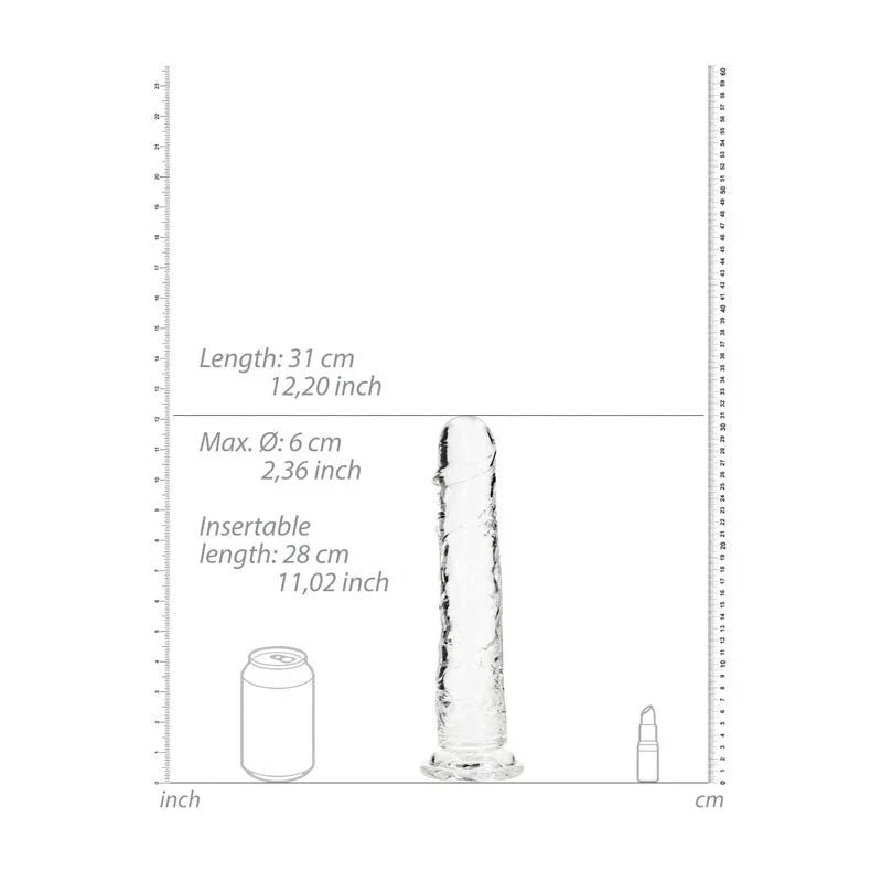 REALROCK 31 cm Straight Dildo in Clear, scale diagram giving 31 cm length and 28 cm insertable