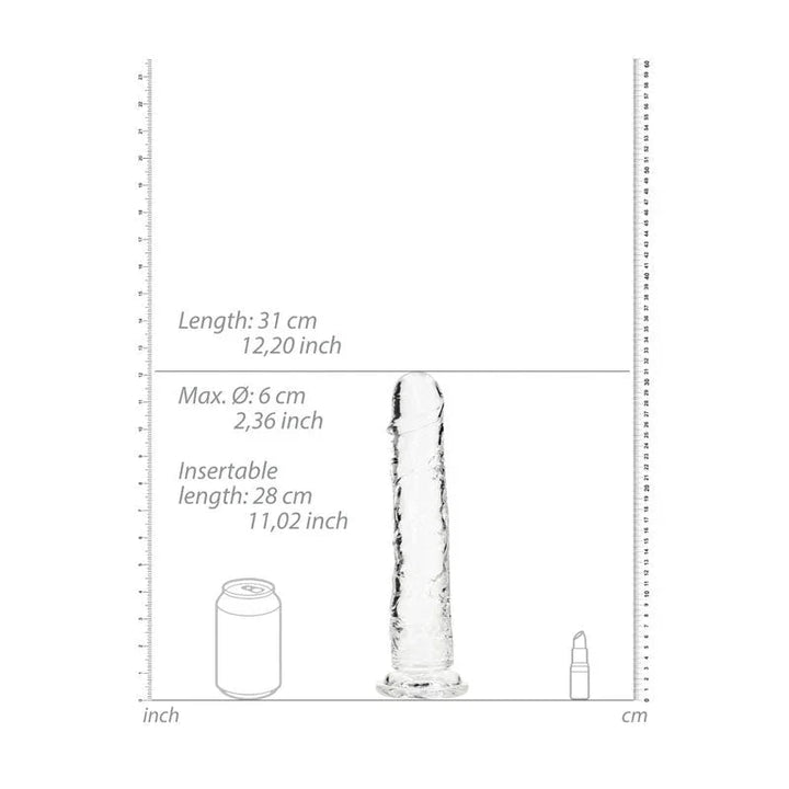 REALROCK 31 cm Straight Dildo in Clear, scale diagram giving 31 cm length and 28 cm insertable