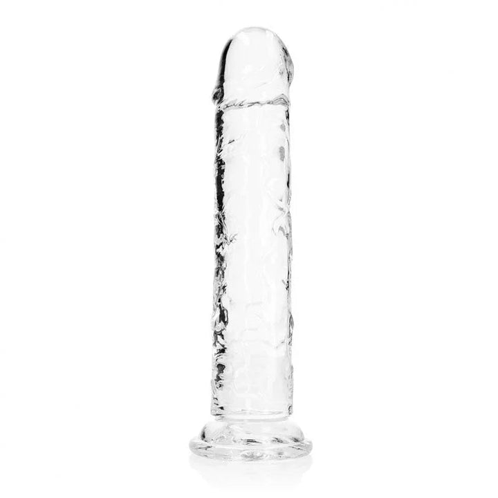 REALROCK 31 cm Straight Dildo in Clear, standing upright, rotated to show the veined shaft