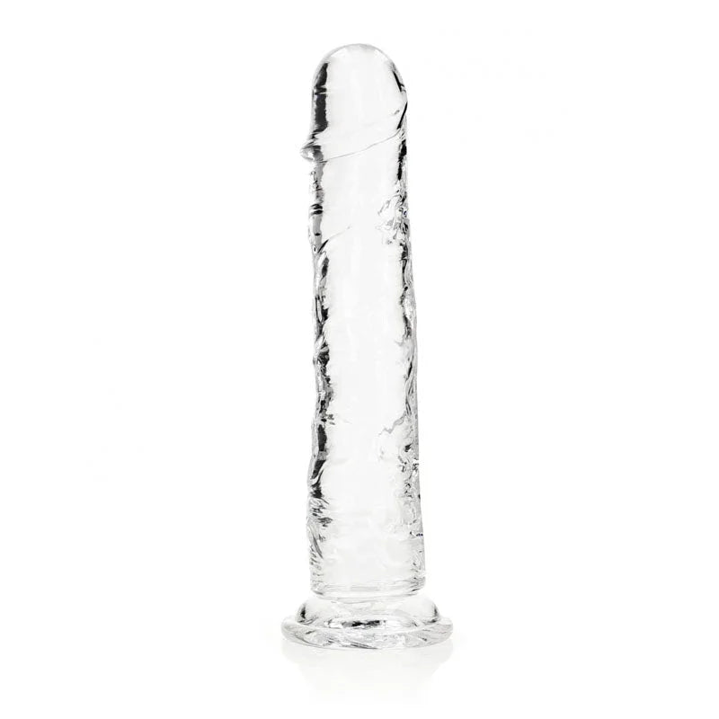 REALROCK 31 cm Straight Dildo in Clear, colourless dildo standing upright on its suction base