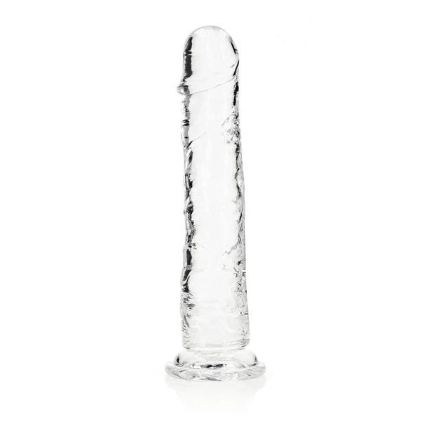 REALROCK 31 cm Straight Dildo in Clear, colourless dildo standing upright on its suction base