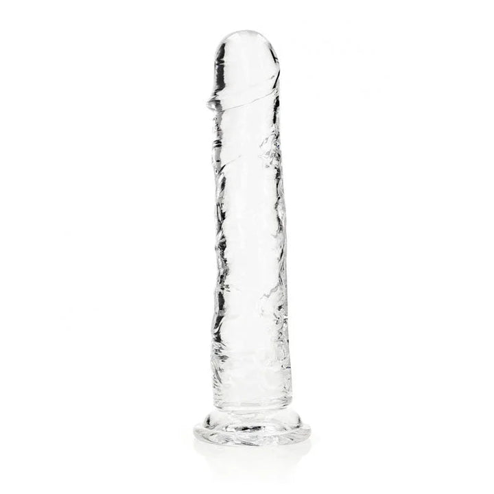 REALROCK 31 cm Straight Dildo in Clear, colourless dildo standing upright on its suction base