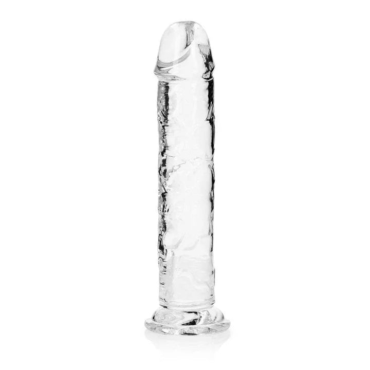 REALROCK 31 cm Straight Dildo in Clear, standing upright, seen straight on against white