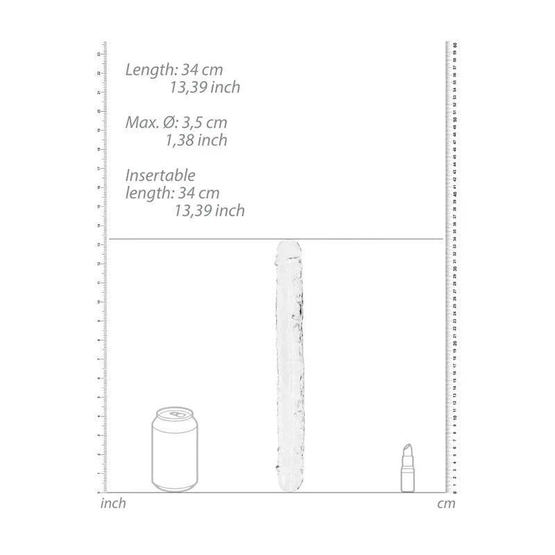 REALROCK 34 cm Double Dildo in Clear, scale diagram beside a drink can and lipstick