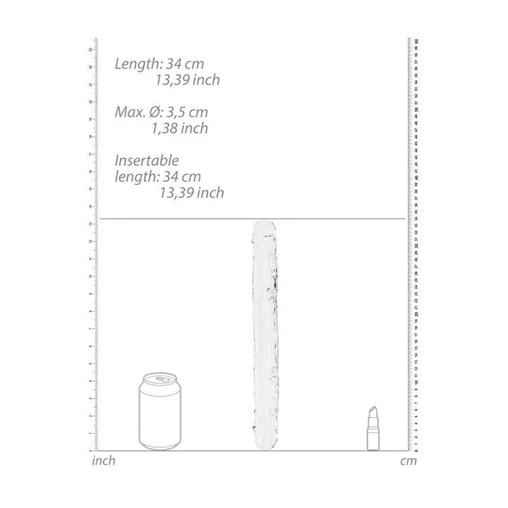 REALROCK 34 cm Double Dildo in Clear, scale diagram beside a drink can and lipstick