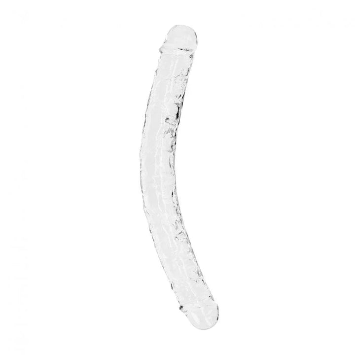 REALROCK 34 cm Double Dildo in Clear, the curved double-ended shaft laid out on white
