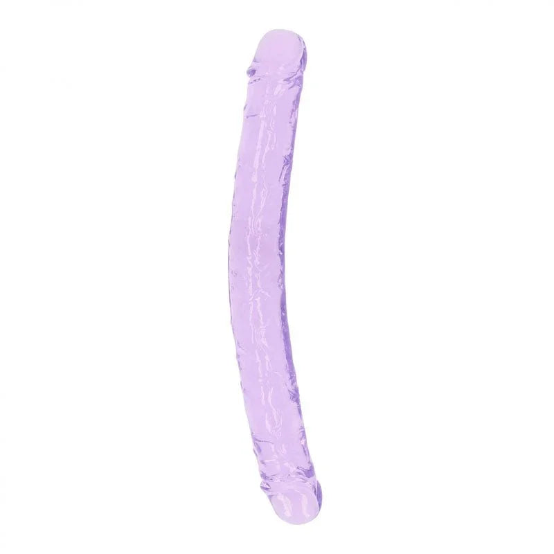 REALROCK 34 cm Double Dildo in Purple, the curved double-ended shaft laid out on white