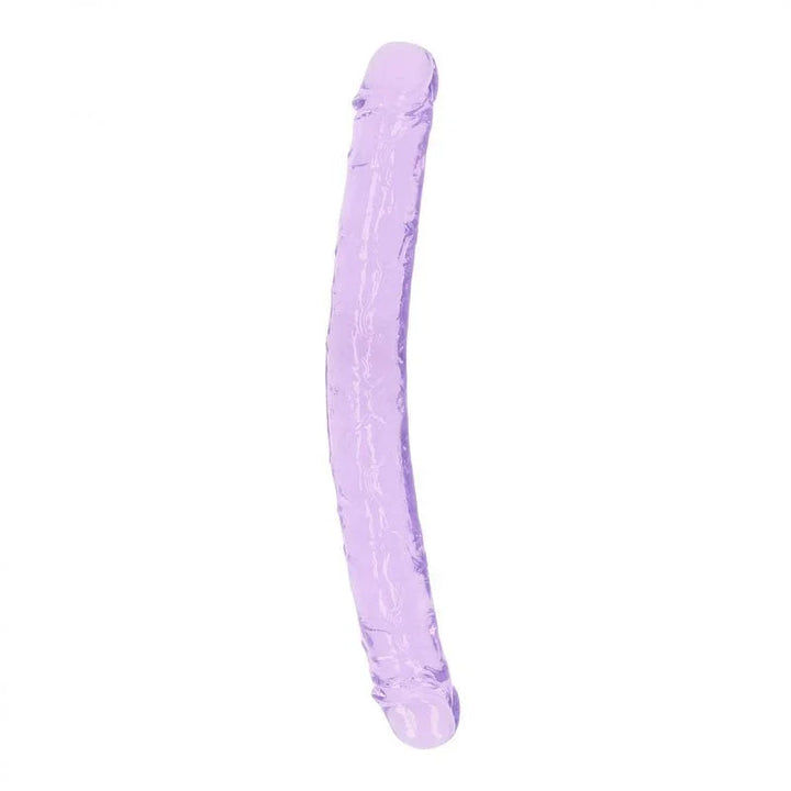 REALROCK 34 cm Double Dildo in Purple, the curved double-ended shaft laid out on white