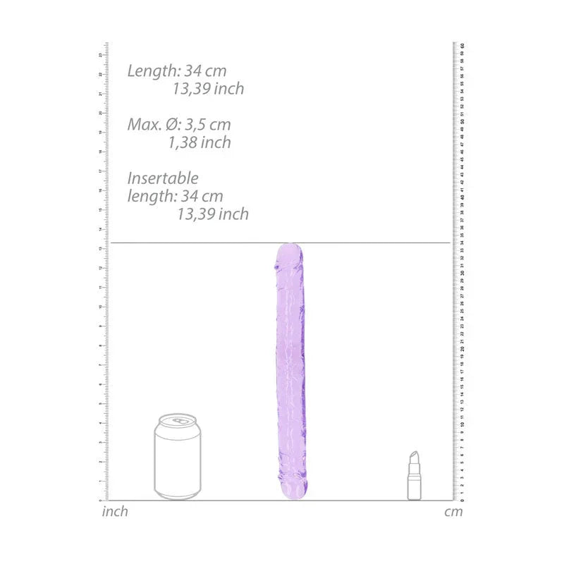 REALROCK 34 cm Double Dildo in Purple, scale diagram beside a drink can and lipstick