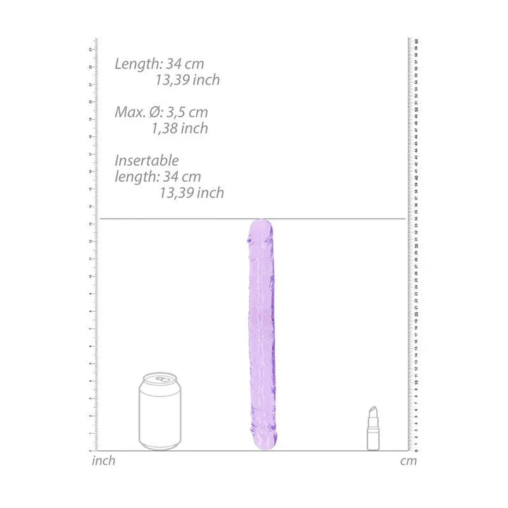 REALROCK 34 cm Double Dildo in Purple, scale diagram beside a drink can and lipstick