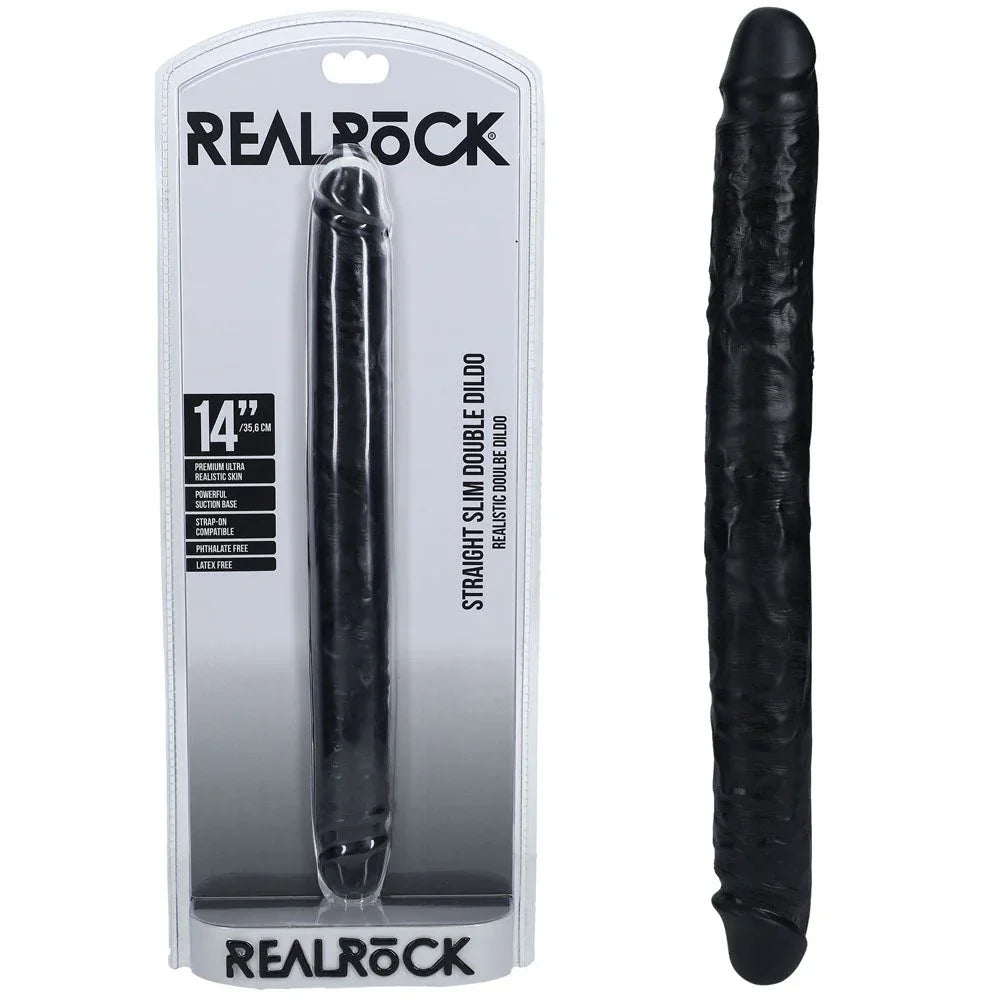 REALROCK 35 cm Slim Double Dildo in Black, blister pack beside the slim double-ended shaft