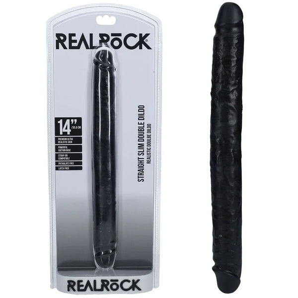 REALROCK 35 cm Slim Double Dildo in Black, blister pack beside the slim double-ended shaft