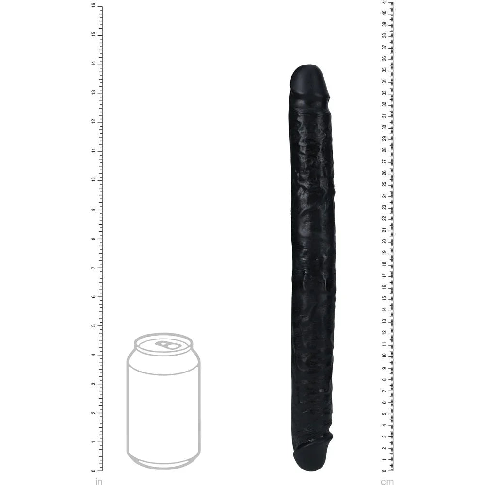 REALROCK 35 cm Slim Double Dildo in Black, scale diagram beside a drink can and ruler