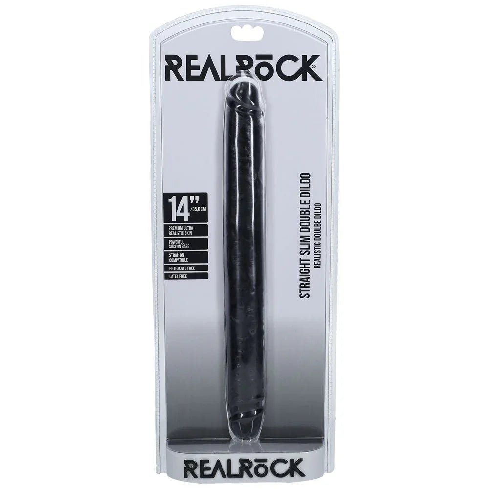 REALROCK 35 cm Slim Double Dildo in Black, front of the REALROCK Straight Slim blister pack