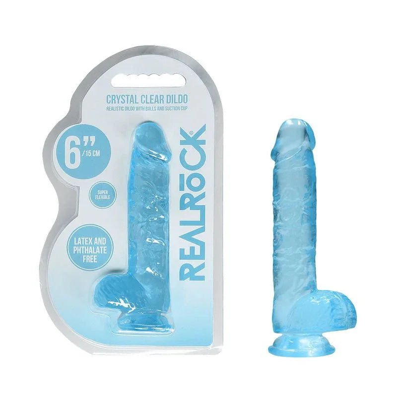 REALROCK 15.2 cm Realistic Dildo with Balls in Blue, blister pack beside the jelly-clear dildo