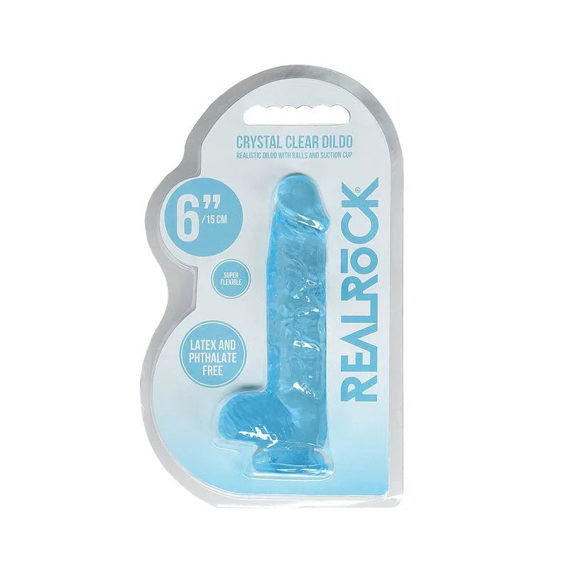 REALROCK 15.2 cm Realistic Dildo with Balls in Blue, front of the Crystal Clear blister pack