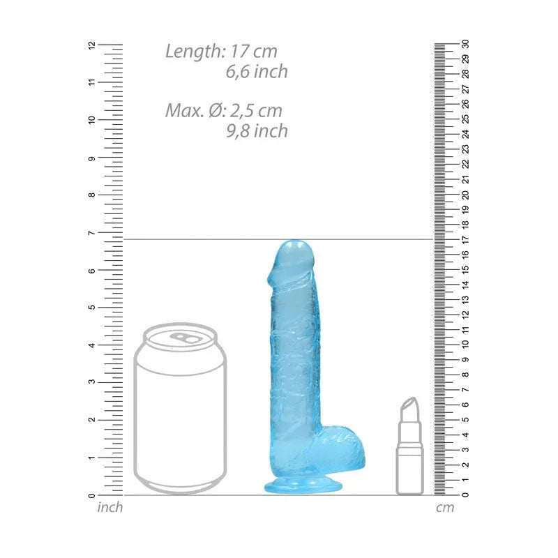 REALROCK 15.2 cm Realistic Dildo with Balls in Blue, scale diagram beside a can and lipstick