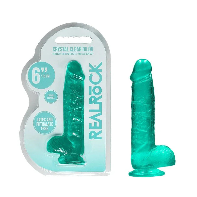 REALROCK 15.2 cm Realistic Dildo with Balls in Turquoise, blister pack beside the jelly-clear dildo