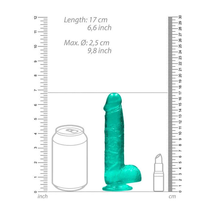 REALROCK 15.2 cm Realistic Dildo with Balls in Turquoise, scale diagram beside a can and lipstick