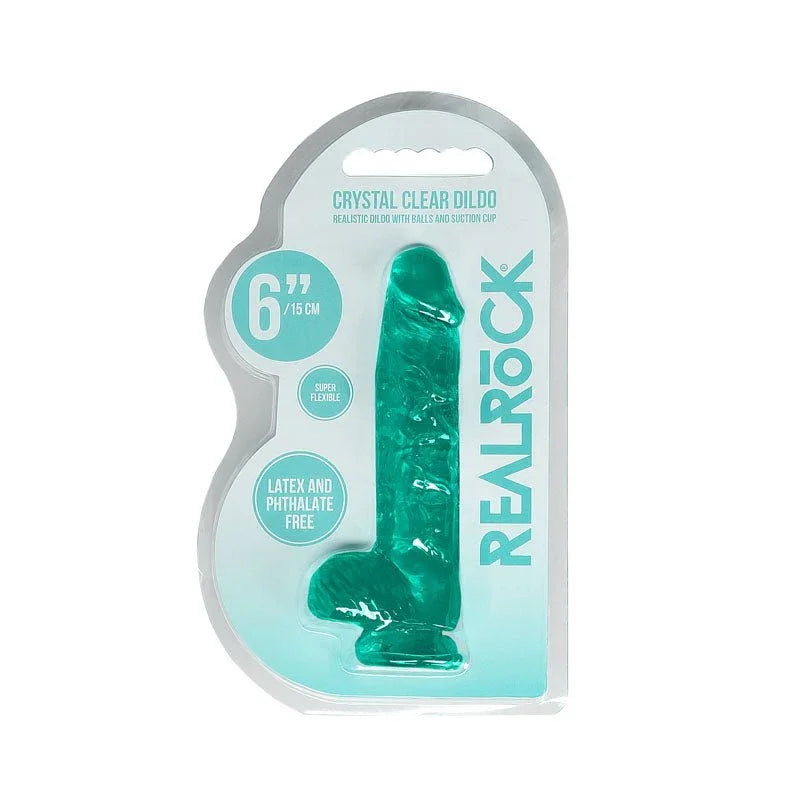 REALROCK 15.2 cm Realistic Dildo with Balls in Turquoise, front of the Crystal Clear blister pack