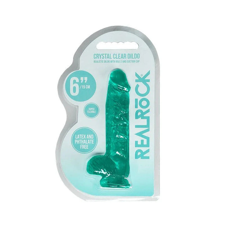 REALROCK 15.2 cm Realistic Dildo with Balls in Turquoise, front of the Crystal Clear blister pack