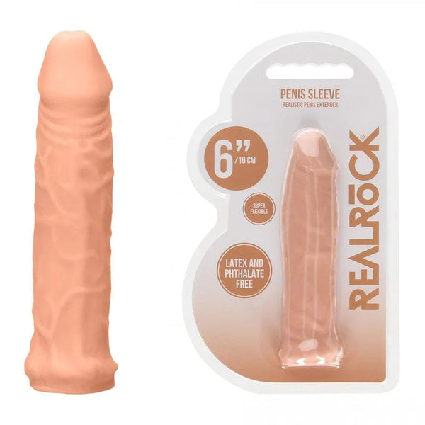 REALROCK 15.2 cm Realistic Penis Sleeve in Flesh, the sleeve standing beside its REALROCK pack